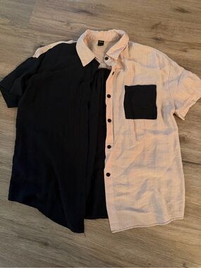 SHEIN Two-Tone Black and Cream Short Sleeve Button-Up Shirt